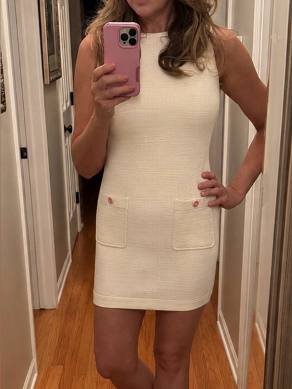 CHANEL Cream Textured Sleeveless Shift Dress with Pocket Buttons